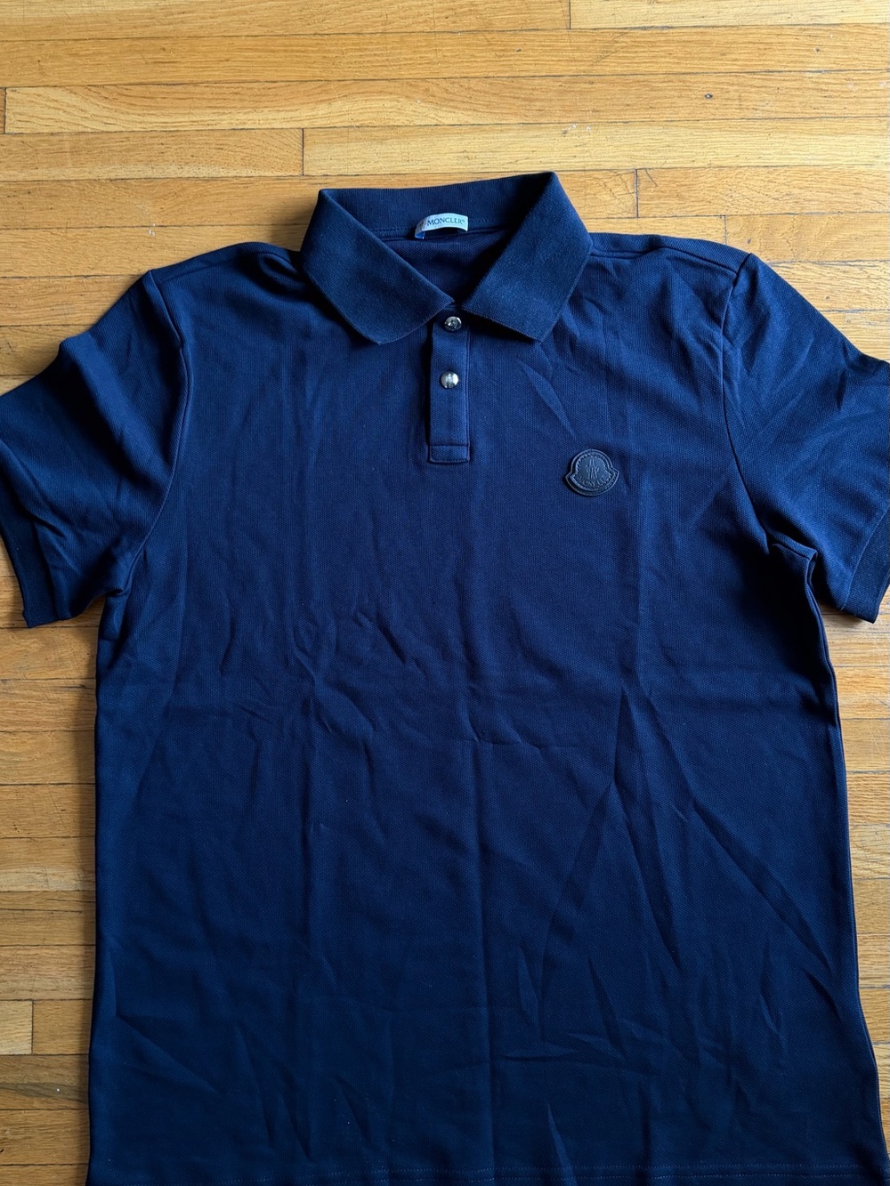 Moncler Men's Navy Polo Shirt with leather Black Patch
